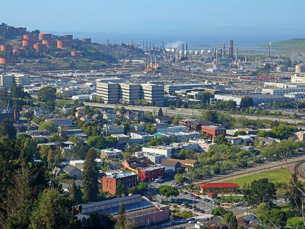View of Point Richmond and Chevron Refinery, Richmond CA, from Nicholl Knob in 2016.